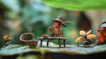 "Leafy Café Delights: An Ant's Serene Coffee Sip"