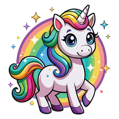 Naklejka premium Cute Unicorn Cartoon vector with rainbow mane and tail. Beautiful Unicorn Cartoon Vector on Background.