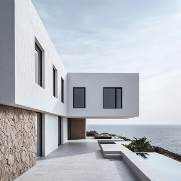 Chalet de dos plantas de estilo moderno de color blanco en forma de ele, con una terraza en suelo de gres al borde de un acantilado y  ventanas con vistas al mar