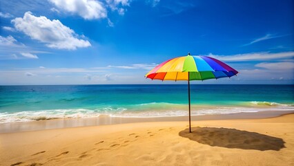 Sandy Beach with a Colorful Umbrella  AI generated