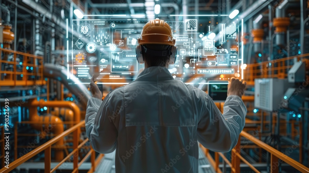Leinwandbilder An engineer in the foreground, holding and looking at his tablet with a futuristic screen displaying augmented reality graphics about industrial machines behind him. Generative AI.