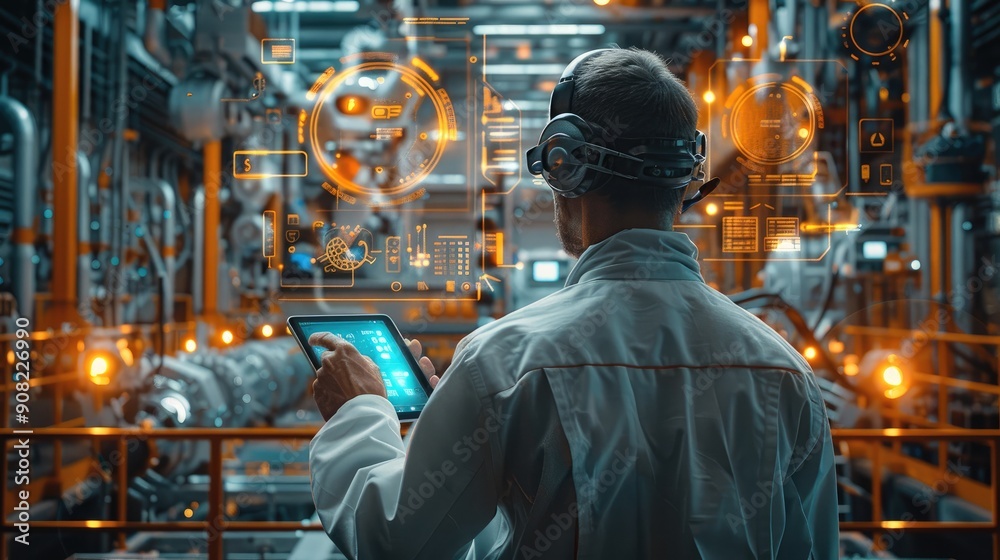 Poster An engineer in the foreground, holding and looking at his tablet with a futuristic screen displaying augmented reality graphics about industrial machines behind him. Generative AI.