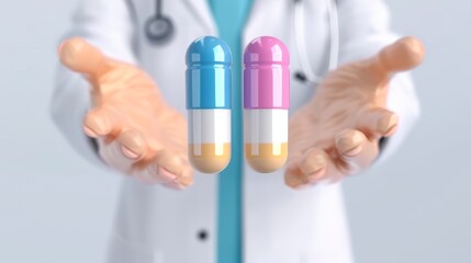 cartoon doctor character holding two big pills