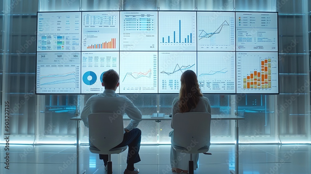 Fototapete Two business Users sitting with backs to viewer and watching at predictive analytics dashboards ahead of them on the wall. The wall contains huge dashboards that have different stats. Generative AI.