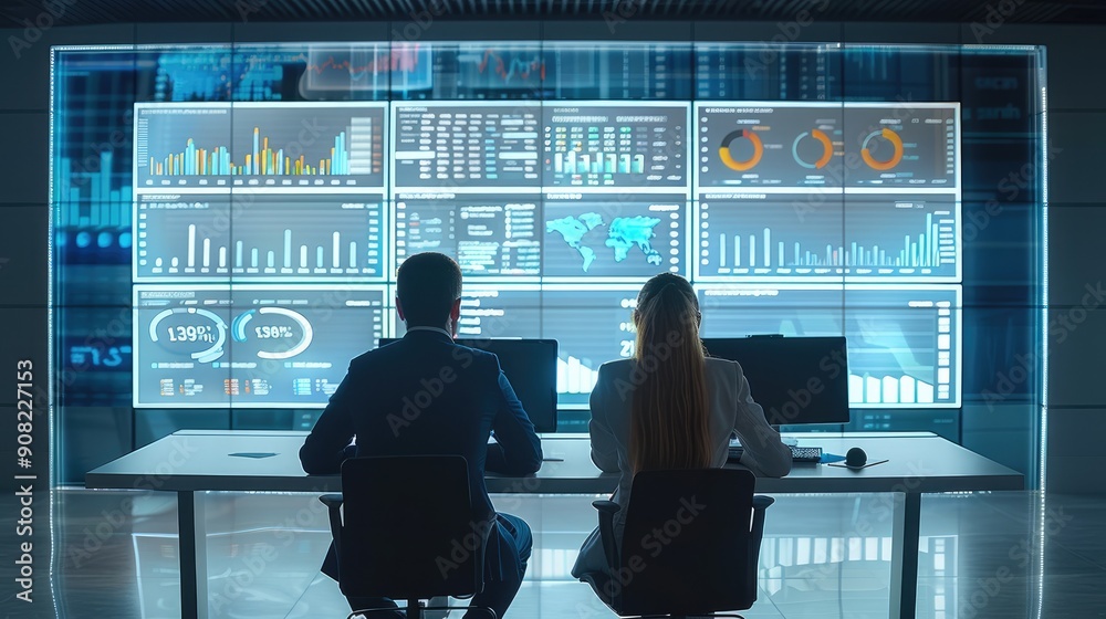 Poster Two business Users sitting with backs to viewer and watching at predictive analytics dashboards ahead of them on the wall. The wall contains huge dashboards that have different stats. Generative AI.