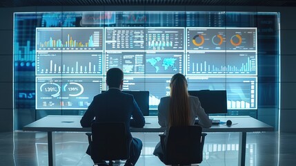 Two business Users sitting with backs to viewer and watching at predictive analytics dashboards ahead of them on the wall. The wall contains huge dashboards that have different stats. Generative AI.