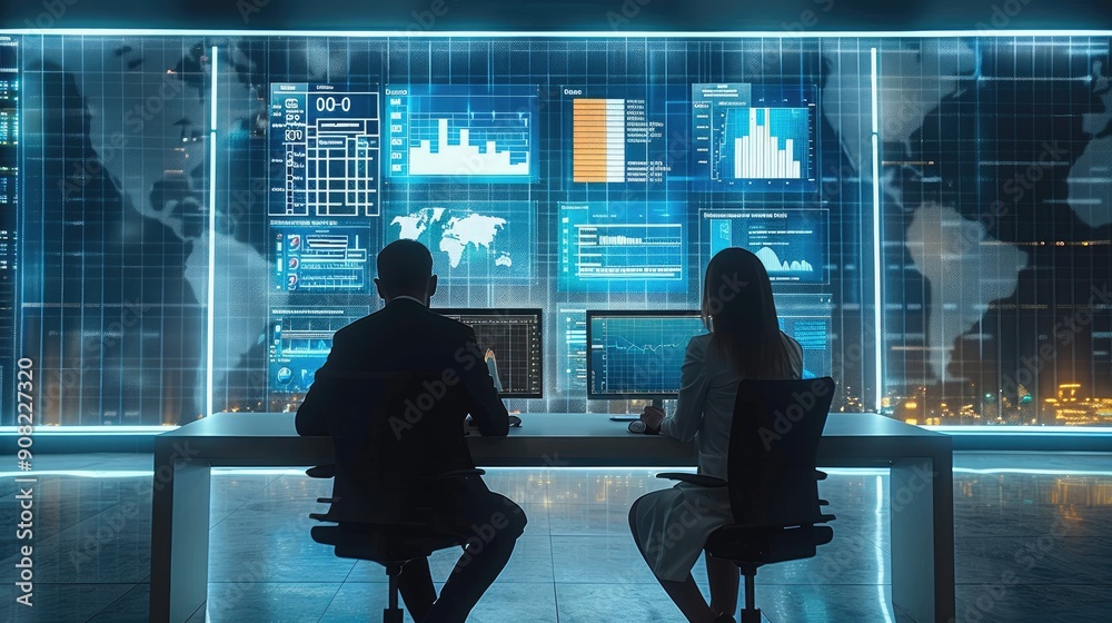 Aufkleber Two business Users sitting with backs to viewer and watching at predictive analytics dashboards ahead of them on the wall. The wall contains huge dashboards that have different stats. Generative AI.