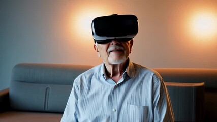 Senior man using virtual reality headset. VR technology and elderly entertainment concept