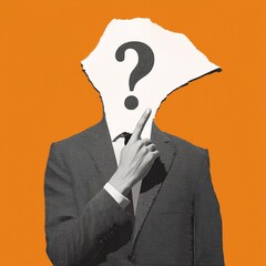 Modern collage with pointing hand and question mark. Paper cutout. Torn paper. Halftone part of body. Question mark cut out from notebook. FAQ sign.