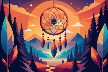 Vector illustration of native american dreamcatcher with decorative elements