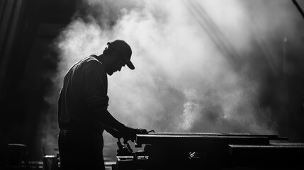 Fototapeta premium Silhouette of a Worker in a Factory with Smoke and Light