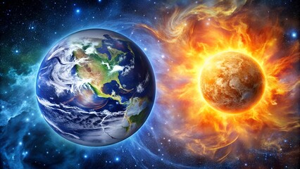 Obraz premium A Celestial Tapestry: Earth and Sun in a Cosmic Embrace AI Generated