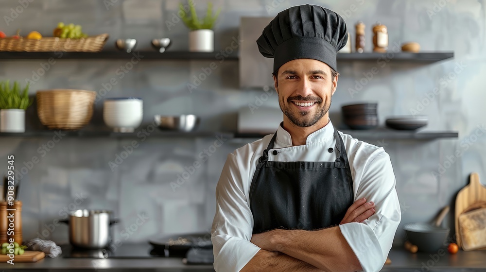 Poster front view of a nordic kitchen with a handsome man smiling professional chef in black chef's hat, bl