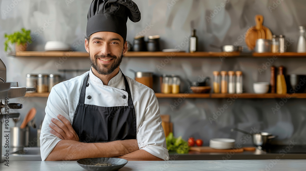 Poster front view of a nordic kitchen with a handsome man smiling professional chef in black chef's hat, bl