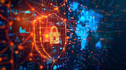 Abstract digital padlock in glowing network.