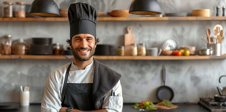 Front view of a nordic kitchen with a handsome man smiling professional chef in black chef's hat, black chef's outfit kitchen towel on the shoulder, friendly. Generative AI.