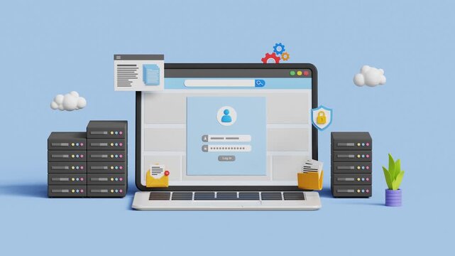 Cloud computing, cloud technology concept. Data server, remote database storage, data centre, saas. 3D laptop with online data storage log in page. 4k 3d animation. Trim first 3 sec for loop