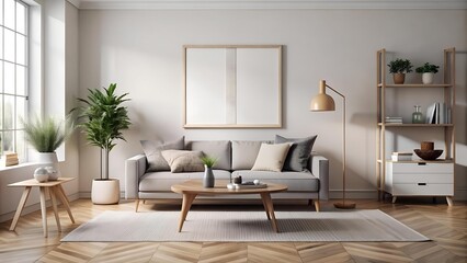 Fototapeta premium Minimalist Scandinavian Living Room with Typography Poster Mockup generative AI