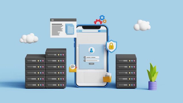 Cloud computing or cloud storage technology. Online database storage concept. Download and upload data to online servers using smartphone. 4k 3d animation. Trim first 3 sec for loop