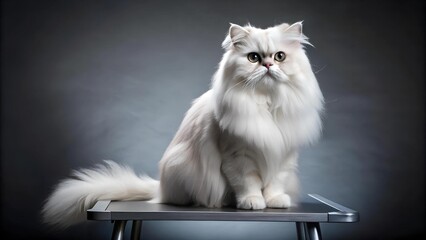 A Persian's Regal Gaze: A White Cat on a Dramatic Grooming Table  AI generated