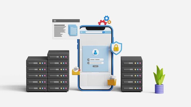 Global cloud computing and database technology. Big data server.Cloud storage for backup, personal data storage network.Dowload, upload document files system. 4k 3d animation.Trim first 3 sec for loop