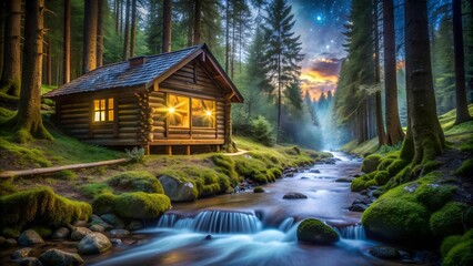 Obraz premium Timber Creek Cabin: A Rustic Cabin with Smart Home Technology and a Digital Forest Generative AI