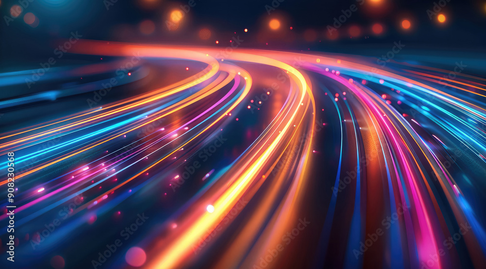 Aufkleber A dynamic and vibrant scene with streaks of light in motion, featuring specific colors, The lights create a sense of speed and energy, blending seamlessly into a futuristic background. Generative AI.