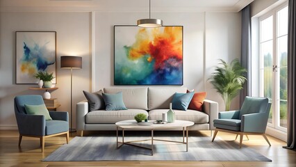 Contemporary Living Room with Abstract Watercolor Painting Poster Mockup  Generative AI