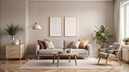 Serene Scandinavian Living Room with Minimalist Wall Poster Mockup  AI Generated