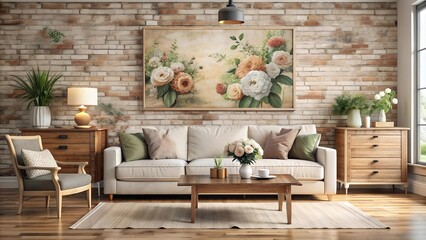 Modern Farmhouse Living Room with Floral Wall Art  Generative AI
