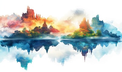 Abstract floating islands in watercolor on white.