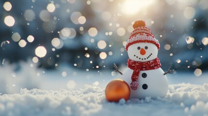 Obraz premium Charming Snowman Decorates Winter Landscape at Sunset With Soft Falling Snow