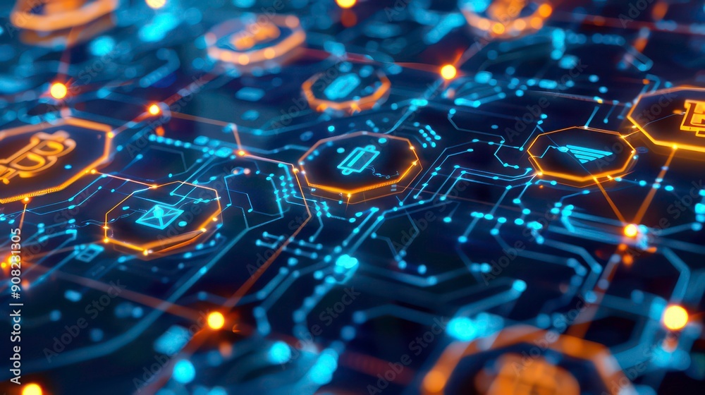 Aufkleber glowing circuit board with hexagonal nodes and icons