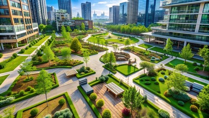 Naklejka premium The City's Green Lungs: A Network of Urban Parks and Green Spaces Built with Recycled Materials generative AI