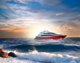 Fototapeta premium Yate grande moderno blanco y rojo, cruzando el mar.