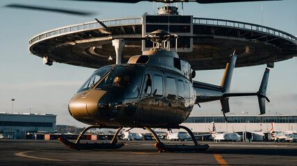 Obraz premium a helicopter on the helipad with its rotors spinning, ready for takeoff, with the airport terminal and control tower in the background
