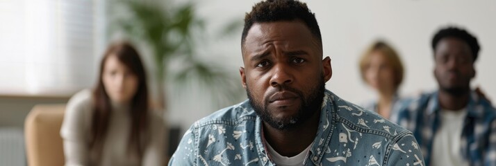 African American man with a positive attitude discussing his struggles with alcoholism in a group therapy session at a rehabilitation center