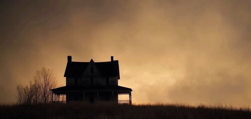 Mysterious House in Foggy Landscape at Sunrise