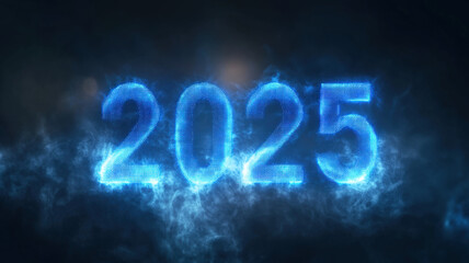 Futuristic Glowing Blue 2025 Numbers: Mystical Neon Year Display with Smoke Effect