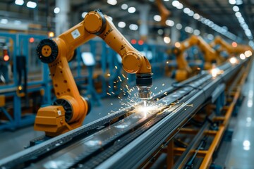 An industrial robot welding a metal part in a factory. Sparks fly as the automated system works on a production line. Conveyor belts and machinery fill the factory, showcasing advanced technology