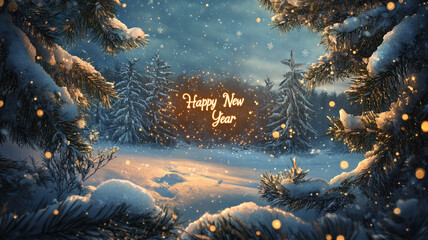 Winter night landscape with snow-covered forest and spruce branches.The golden text "Happy New Year" is illuminated with colorful fireworks and thin golden sparkles, creating a festive atmosphere. 