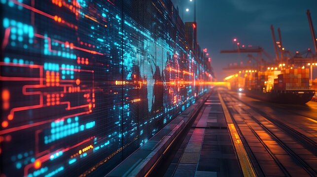 Futuristic global logistics solution featuring a detailed world map - Powered by Adobe