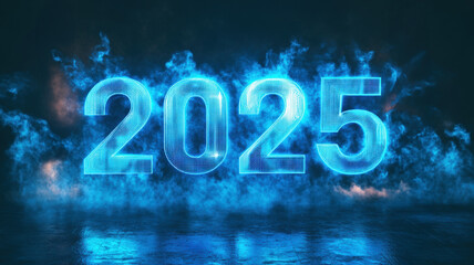 Electrifying 2025 Neon Projection: Futuristic Blue Glowing Numbers with Energy Effects and Reflections in Misty Atmosphere