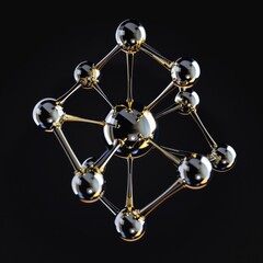 Diamond Molecular Structure. 3D Model of Diamond Crystal with Atom Balls in Gold and Black Colors