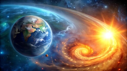Obraz premium Cosmic Tapestry: Earth and Sun in a Galactic Dance AI generated