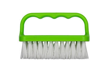 Handheld brush with a green plastic handle and white bristles is isolated.