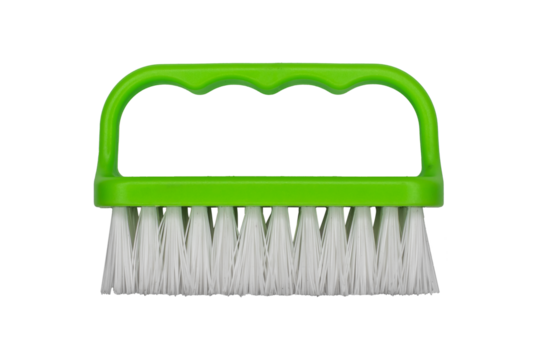 Handheld brush with a green plastic handle and white bristles is isolated.