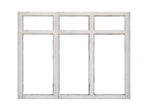 White wooden window with three sashes is isolated.