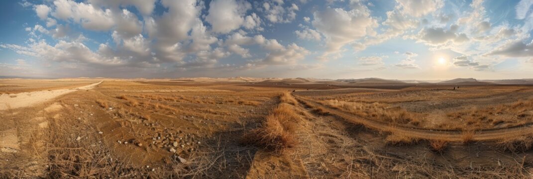 Iraq Desert landscape in Fall 2024. Panoramic view of Kurdistan countryside with Bushes and Cloudy Sky