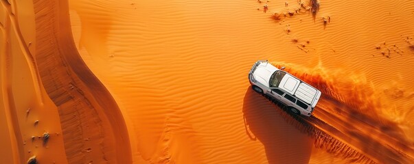 White 4WD vehicle driving on orange desert dunes. Free copy space for text.